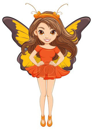 Téléchargez les illustrations : Une femme magnifique aux cheveux longs et une mini robe, ornée d'ailes de papillon, représentée dans un charmant style vectoriel dessin animé - en licence libre de droit