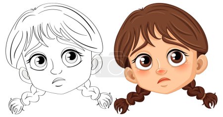 Téléchargez les illustrations : Illustration vectorielle d'une fille triste avec des tresses, prête à colorier - en licence libre de droit
