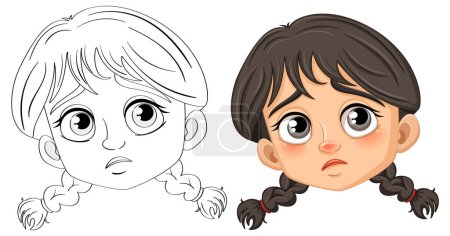 Téléchargez les illustrations : Illustration vectorielle d'une fille triste avec des tresses, prête à colorier - en licence libre de droit