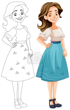 Illustration for Beautiful European woman standing and smiling in cartoon illustration - Royalty Free Image