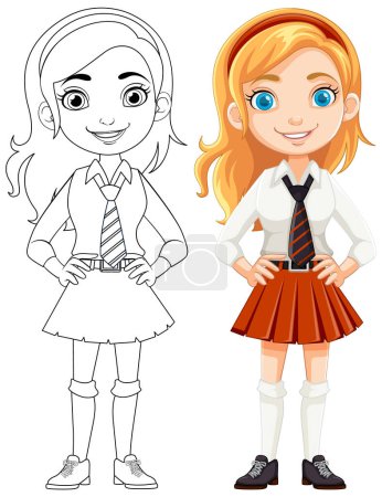 Illustration for Beautiful girl student with long hair and a cheerful expression, ready for school - Royalty Free Image