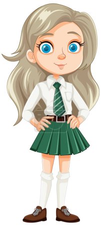 Téléchargez les illustrations : Une adolescente joyeuse avec de magnifiques cheveux longs portant un uniforme scolaire - en licence libre de droit