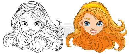 Illustration for A stunning woman with flowing hair, depicted in a doodle-style vector illustration - Royalty Free Image