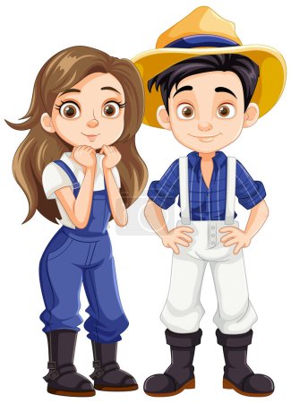 Illustration for An adorable young farmer couple depicted in a charming vector cartoon illustration - Royalty Free Image