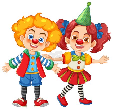 Téléchargez les illustrations : Une célébration avec des personnages de dessins animés adorables portant des vêtements de clown de cirque - en licence libre de droit