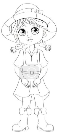 Illustration for A charming girl wearing suspenders, skirt, and hat, with a sad facial expression - Royalty Free Image