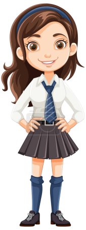Illustration for A brown-haired girl with a charming smile stands in a school uniform - Royalty Free Image