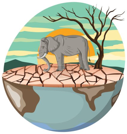 Téléchargez les illustrations : Illustration d'un éléphant mélancolique entouré d'un environnement sec et déboisé - en licence libre de droit