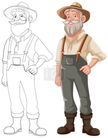 Vector cartoon illustration of an old farmer man with a beard and mustache
