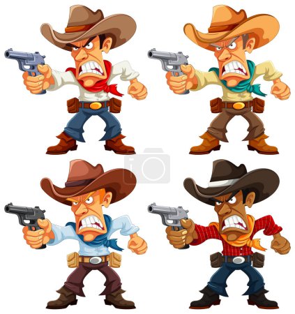 Illustration for A vector cartoon illustration of an angry cowboy holding a gun and wearing a hat - Royalty Free Image