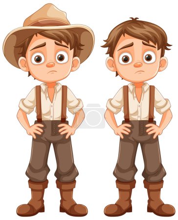 Illustration for Illustration of boys with sad expressions wearing farmer overalls - Royalty Free Image