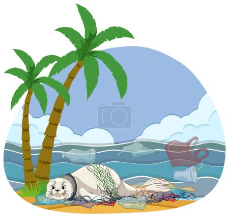 Illustration for Disturbing image of a seal covered in plastic pollution on a beach - Royalty Free Image