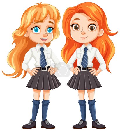 Téléchargez les illustrations : Deux adorables élèves aux cheveux orange en uniformes scolaires assortis - en licence libre de droit