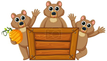 Téléchargez les illustrations : Un charmant ours dessin animé regardant par derrière un cadre de bannière de conseil en bois - en licence libre de droit