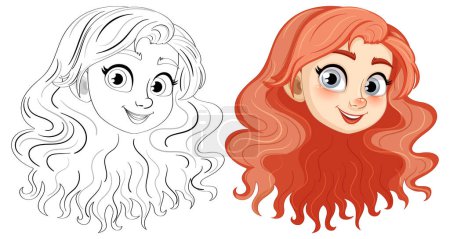 Illustration for A doodle outline of a beautiful girl with red long hair, smiling - Royalty Free Image