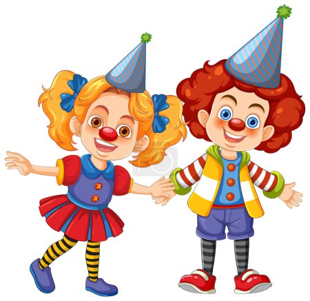 Illustration of a cute girl and boy wearing colorful circus clown clothes, celebrating at a party