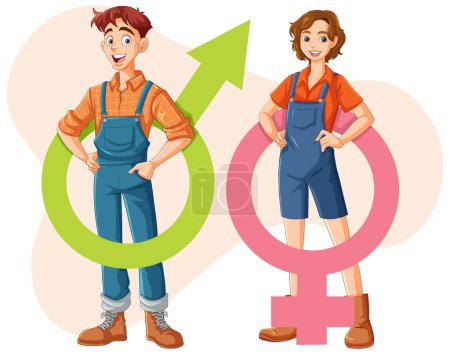 Ilustración de Dibujos animados ilustración de hombres y mujeres adolescentes vestidos como agricultores - Imagen libre de derechos