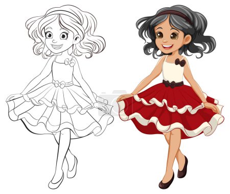Téléchargez les illustrations : Un personnage vectoriel de dessin animé d'une fille dans une robe de princesse, parfait pour la coloration - en licence libre de droit