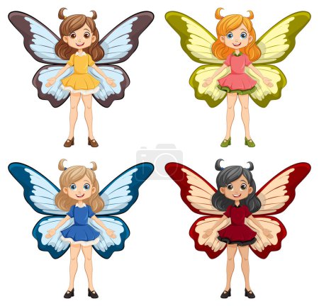 Ilustración de Cuatro chicas adorables usando vestidos de hadas con alas de mariposa - Imagen libre de derechos
