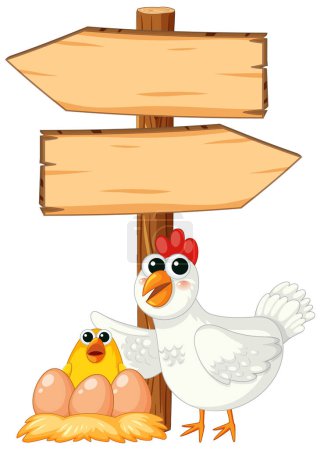 Illustration for Illustration of hen, eggs, chick, and wooden sign with directional arrow - Royalty Free Image