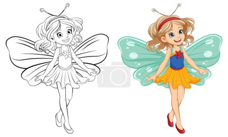Téléchargez les illustrations : Une charmante fille de dessin animé avec des ailes de papillon et une robe de fée - en licence libre de droit