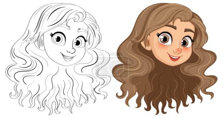 Téléchargez les illustrations : Un contour doodle d'une belle fille aux cheveux longs bruns, souriant - en licence libre de droit
