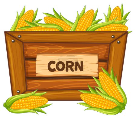 Téléchargez les illustrations : Illustration de maïs exposée dans une boîte en bois avec une bannière de signe de maïs devant - en licence libre de droit