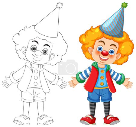 Téléchargez les illustrations : Un personnage de dessin animé garçon mignon portant des vêtements colorés de clown de cirque, souriant - en licence libre de droit
