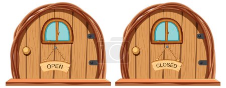 Téléchargez les illustrations : Illustration de vieilles portes en bois avec panneau ouvert et fermé - en licence libre de droit