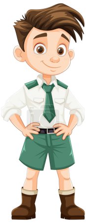 Téléchargez les illustrations : Adorable garçon aux cheveux bruns portant un uniforme d'officier de style dessin animé - en licence libre de droit