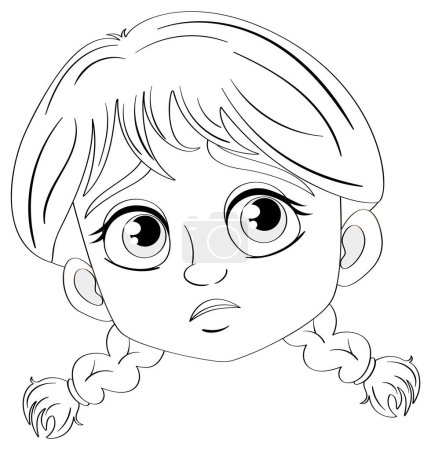 Téléchargez les illustrations : Illustration vectorielle de dessin animé d'une fille triste avec des tresses, parfaite pour la coloration - en licence libre de droit