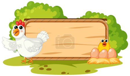 Illustration for A charming scene of hens, eggs, and a chick standing on a wooden board frame in an isolated garden - Royalty Free Image