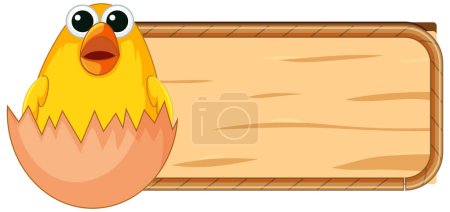 Illustration for Cute cartoon baby chick perched on a wooden frame banner - Royalty Free Image