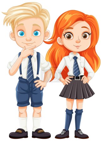 Illustration for Vector cartoon characters of male and female students standing together in uniforms - Royalty Free Image
