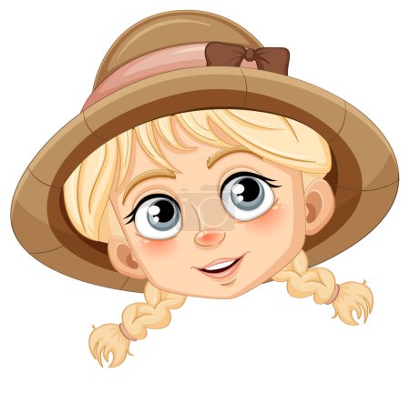Ilustración de Una linda chica con una sonrisa feliz y cabello trenzado con un sombrero en una ilustración de dibujos animados - Imagen libre de derechos