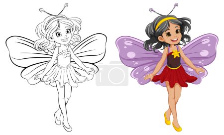 Illustration for Adorable fairy girl with butterfly wings for coloring pages - Royalty Free Image