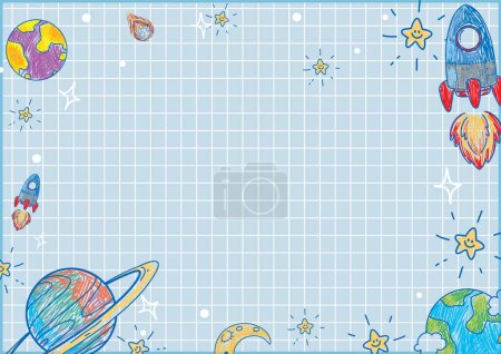 Illustration for Colorful cartoon drawings of children on lined notebook pages with a space theme - Royalty Free Image