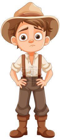 Illustration for A vector cartoon illustration of a bored and sad boy wearing farmer overalls - Royalty Free Image