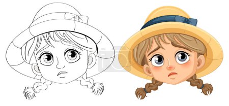 Téléchargez les photos : Illustration vectorielle d'une fille avec des tresses portant un chapeau, exprimant de la tristesse, et prête à colorier - en image libre de droit