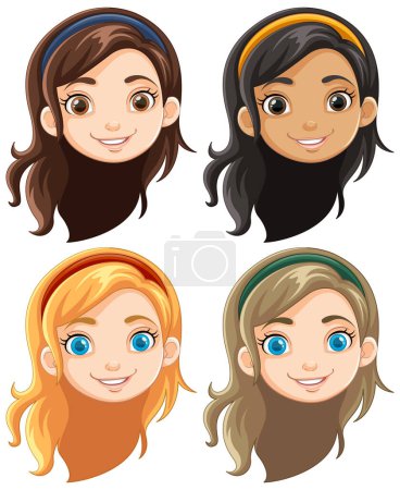 Téléchargez les illustrations : Illustrations vectorielles de dessins animés de filles souriantes aux cheveux longs en différentes couleurs - en licence libre de droit