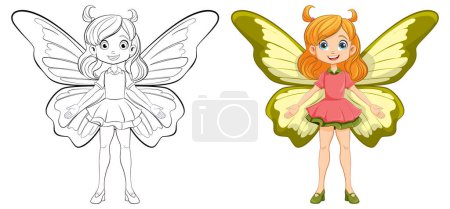 Téléchargez les illustrations : Une charmante fille de dessin animé avec des ailes de papillon dans une robe de fée - en licence libre de droit