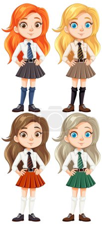 Illustration for A vector illustration of a happy teenage girl with long hair, wearing a school uniform - Royalty Free Image