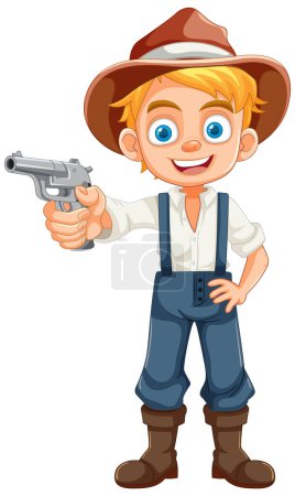 Illustration for Illustration of a boy dressed as a country farmer holding a gun - Royalty Free Image