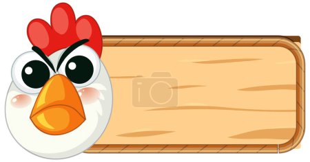 Téléchargez les illustrations : Illustration colorée de tête de poulet dessin animé sur cadre en bois rustique - en licence libre de droit