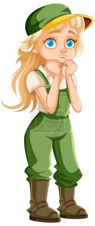 Illustration for A vector illustration of a bored farmer girl wearing a cap and green overalls - Royalty Free Image