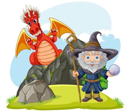 Téléchargez les illustrations : Personnage de bande dessinée magicien avec illustration Dragon - en licence libre de droit