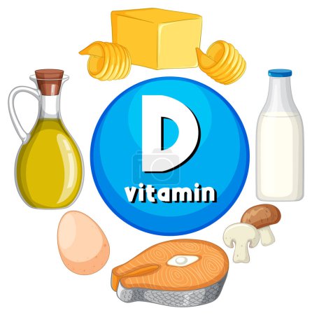 Téléchargez les illustrations : En savoir plus sur la vitamine D à travers un groupe d'icônes alimentaires éducatives - en licence libre de droit