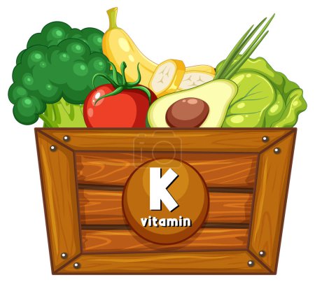 Illustration for Vector cartoon illustration of food with Vitamin K in a wooden crate - Royalty Free Image