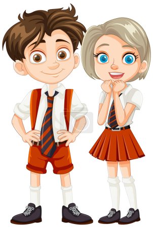 Illustration for Vector illustration of two students, a boy and a girl, wearing school uniforms - Royalty Free Image