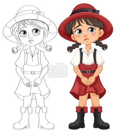 Illustration for A cute girl wearing suspenders, skirt, and hat with a sad facial expression, depicted in a cartoon style, suitable for coloring pages - Royalty Free Image